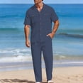 thumbnail image 1 of LEKWK Summer Outfits for Men 2 Piece Button Down Short Sleeve Collared Tops and Drawstring Straight Leg Pants Fashion Loose Fit Beach Vacation Casual Wear, 1 of 8
