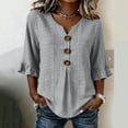 thumbnail image 1 of LEKWK Summer Tops for Women Ruffle 3/4 Sleeve V Neck Striped Casual Shirts Lightweight Loose Fit Button Linen Top Fashion Boho Vacation Daily Outfits, 1 of 5