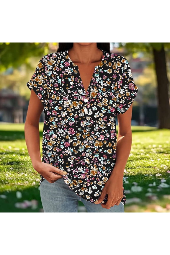 Summer Tops for Women Tropical Button V Neck Short Sleeve Tops Dressy Casual Orange Teal Palm Leaf Print Vacation Beach Tunic