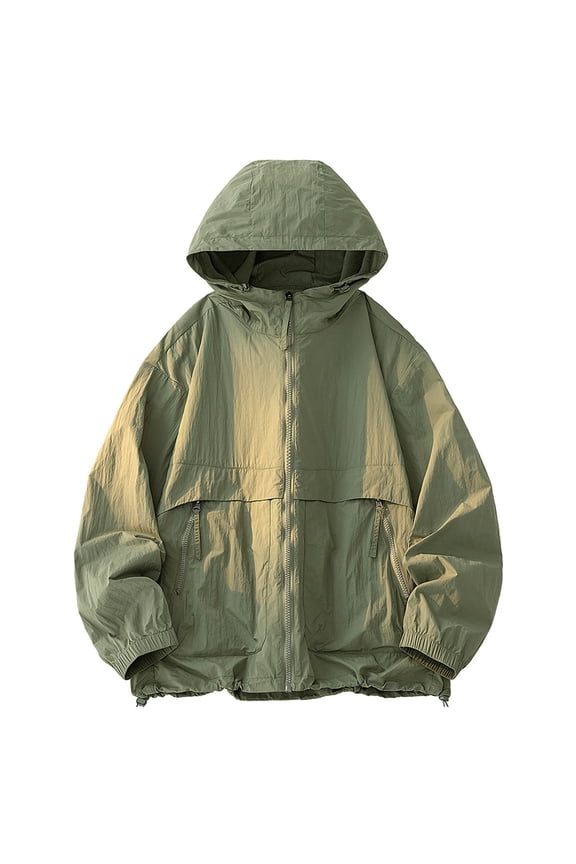 Sun Protection Jacket Oversized Hooded Windbreaker Jacket with Zipper Pockets Full Zip Drawstring Shirts Lightweight Outdoor Hiking Travel Fishing Jackets Black L