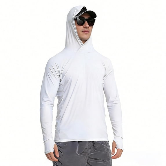 LEKWK Sun Protection Shirts for Men Long Sleeve Hooded Fishing Tops Lightweight Quick Dry UPF 50+ Shirt Outdoor Athletic Outfits White XXL