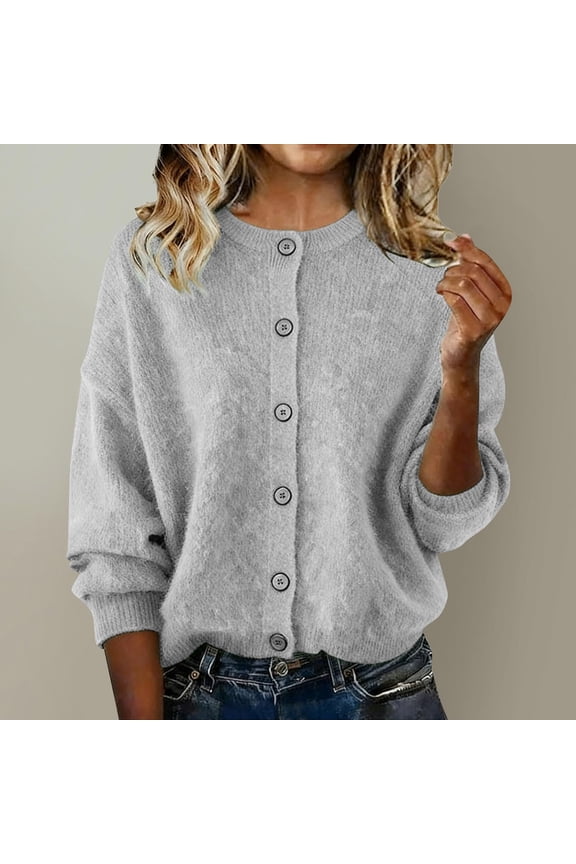 Sweater Tops for Women Loose Fit Crewneck Button Down Blouses Long Sleeve Tunic Tops Soft Knit Texture Business Casual Office Wear