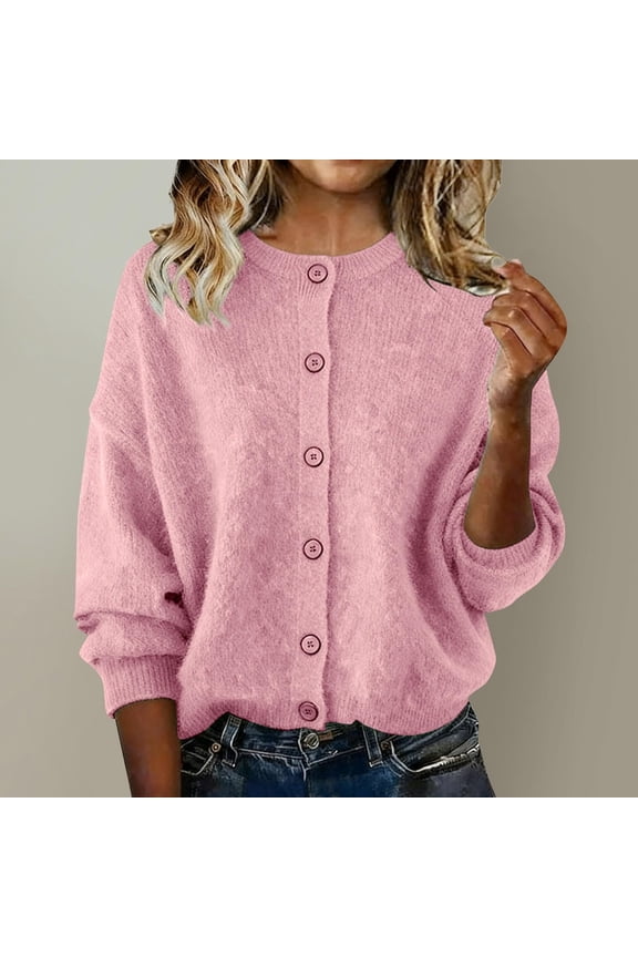 Sweater Tops for Women Loose Fit Crewneck Button Down Blouses Long Sleeve Tunic Tops Soft Knit Texture Business Casual Office Wear