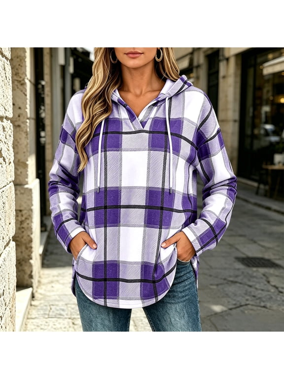 Sweatshirt for Women Plaid Long Sleeve V Neck Hooded Shirts Drawstring Lightweight Relaxed Fit Casual Tops Fall Winter Loungewear