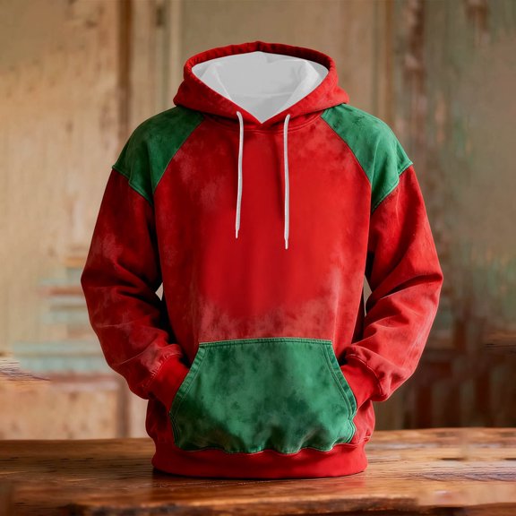 LEKWK Sweatshirts For Men Long Sleeve Trendy Color Block Xmas Hoodies Drop Shoulder Loose Drawstring Soft Pullover with Pocket Christmas Party Holiday Streetwear