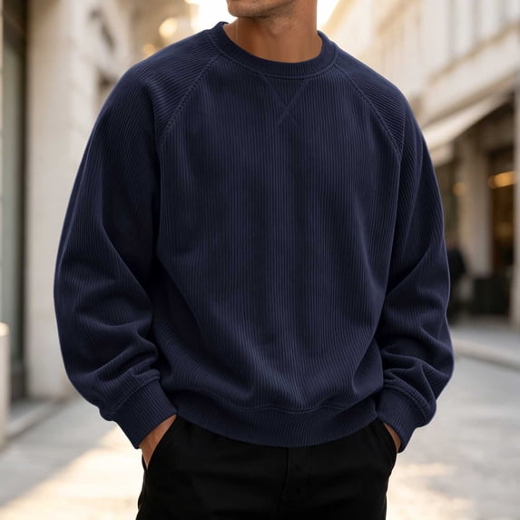LEKWK Sweatshirts for Men Ribbed Corduroy Raglan Crewneck Sweatshirts Fall Winter Long Sleeve Relaxed Fit Cozy Gym Workout Tops