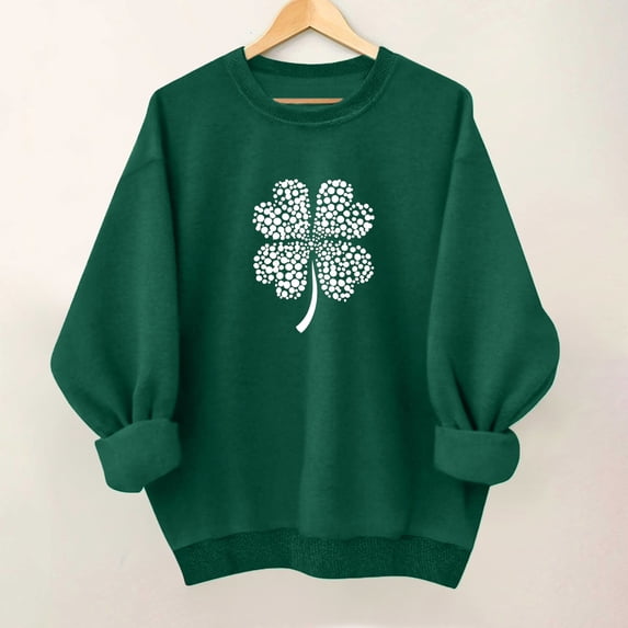 LEKWK Sweatshirts for Women Fleece Crewneck Long Sleeve St Patricks Day Shirt Graphic Sweatshirts Glitter Three Hearts Shamrock Festival Wear