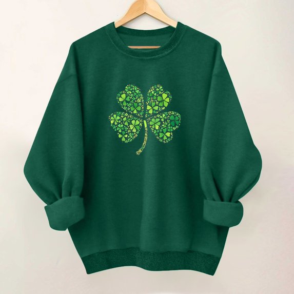 LEKWK Sweatshirts for Women Fleece Crewneck Long Sleeve St Patricks Day Shirt Graphic Sweatshirts Glitter Three Hearts Shamrock Festival Wear