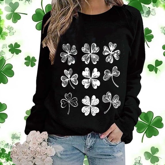 LEKWK Sweatshirts for Women Vintage Sketch Crew Neck Long Sleeve Graphic Tees White Grid Shamrock Print St Patricks Day Holiday Pullover