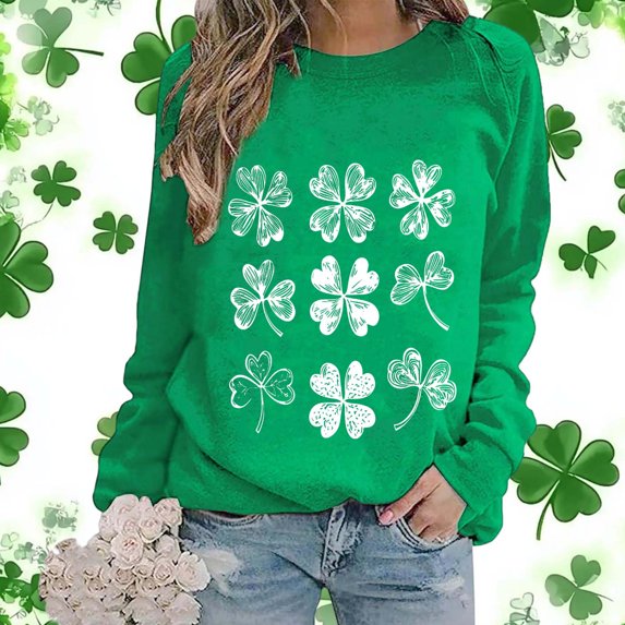 LEKWK Sweatshirts for Women Vintage Sketch Crew Neck Long Sleeve Graphic Tees White Grid Shamrock Print St Patricks Day Holiday Pullover