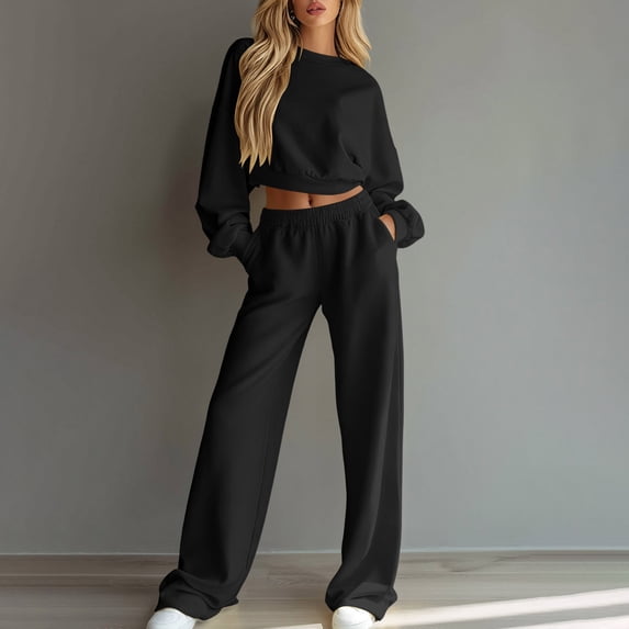 LEKWK Sweatsuits Women 2 Piece Outfit Crewneck Cropped Sweatshirt and Wide Leg Sweatpants Matching Sets Fall Winter Athletic Tracksuit