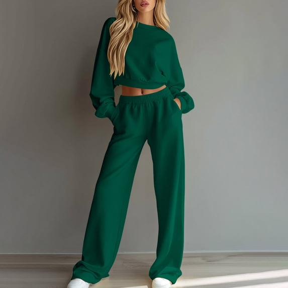 LEKWK Sweatsuits Women 2 Piece Outfit Crewneck Cropped Sweatshirt and Wide Leg Sweatpants Matching Sets Fall Winter Athletic Tracksuit