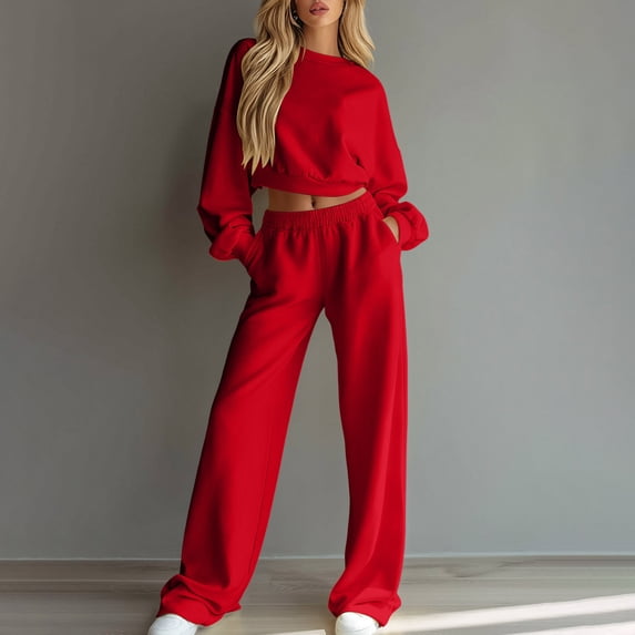 LEKWK Sweatsuits Women 2 Piece Outfit Crewneck Cropped Sweatshirt and Wide Leg Sweatpants Matching Sets Fall Winter Athletic Tracksuit