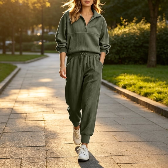 LEKWK Sweatsuits Women 2 Piece Outfit Ribbed Half Zip Drop Shoulder Sweatshirt and Jogger Sweatpants Fall Travel Lounge Tracksuit Matching Sets