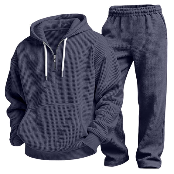LEKWK Sweatsuits for Men Big and Tall Waffle Half Zip Hoodie and Wide Leg Sweatpants Fall Winter Tracksuit Matching Sets for Athletic Workout Gym