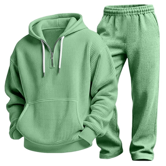 LEKWK Sweatsuits for Men Big and Tall Waffle Half Zip Hoodie and Wide Leg Sweatpants Fall Winter Tracksuit Matching Sets for Athletic Workout Gym