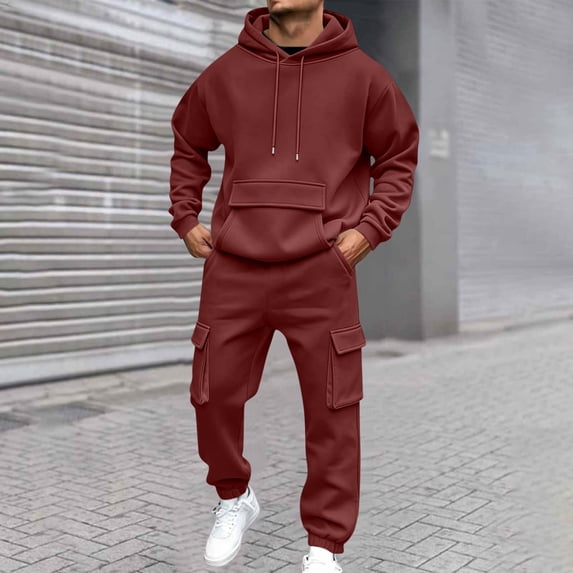 LEKWK Sweatsuits for Men Drop Shoulder Long Sleeve Hoodie and Cargo Sweatpants Fall Winter Casual Athletic Gym Tracksuit Matching Sets