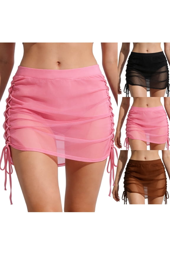 Swim Cover Up Skirt for Women Sheer Mesh Ruched Side Drawstring Bikini Bottom High Waisted See Through Club Summer Beach Party Beachwear