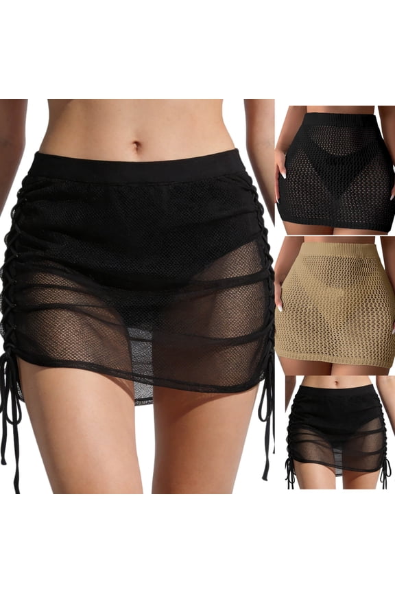 Swim Cover Up Skirt for Women Sheer Mesh Ruched Side Drawstring Bikini Bottom High Waisted See Through Club Summer Beach Party Beachwear