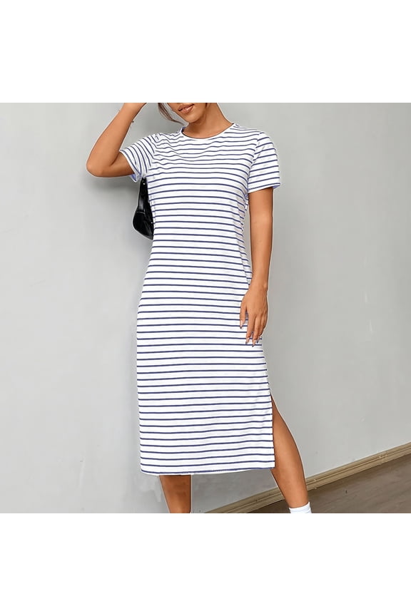 T Shirt Dresses for Women Short Sleeve Crew Neck Midi Dress Striped Side Split Casual Dress Bodycon Slim Fit Summer Daily Wear