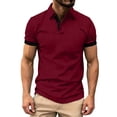 thumbnail image 1 of LEKWK T-Shirts for Men Short Sleeve Collared Slim Fit Tees Breathable Soft Fabric Contrast Trim Button Placket Casual Shirt Workout Athletic Golf Daily Wear Wine L, 1 of 6