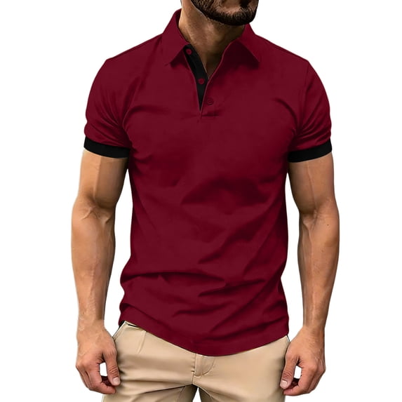 LEKWK T-Shirts for Men Short Sleeve Collared Slim Fit Tees Breathable Soft Fabric Contrast Trim Button Placket Casual Shirt Workout Athletic Golf Daily Wear Wine L
