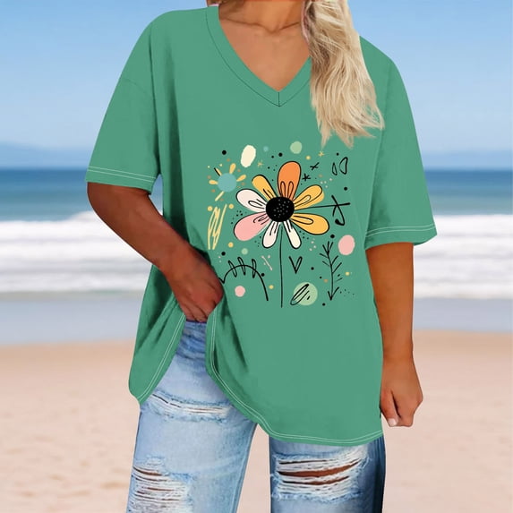 LEKWK T Shirts for Women Oversized Graphic Short Sleeve V Neck Casual Shirts Loose Fit Comfy Printed Summer Tops Fashion Beach Vacation Daily Outfits
