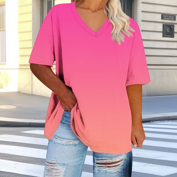 LEKWK T Shirts for Women Plus Size V Neck Short Sleeve Ombre Print Tunic Tops Loose Fit Casual Comfy Summer Tops Fashion Athletic Daily Wear