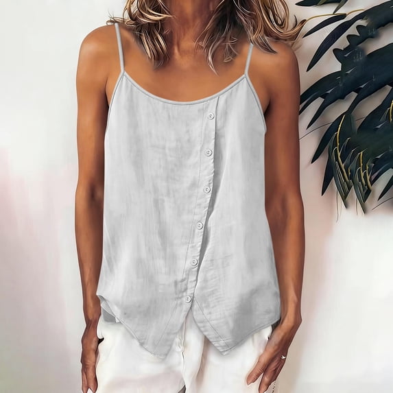 LEKWK Tank Tops for Women Camisole Loose Fit Spaghetti Strap Linen Cami Shirts Crew Neck Sleeveless Loose Fit Button Summer Tops Fashion Going Out Outfits