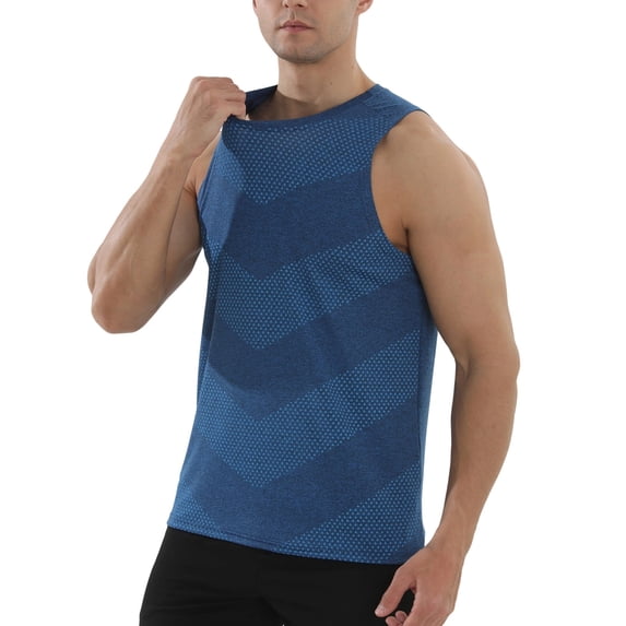 LEKWK Tank Tops for Men Running Sleeveless Crew Neck Muscle Tank Slim Fit Geometric Jacquard Breathable Workout Gym Athletic Tops Blue L