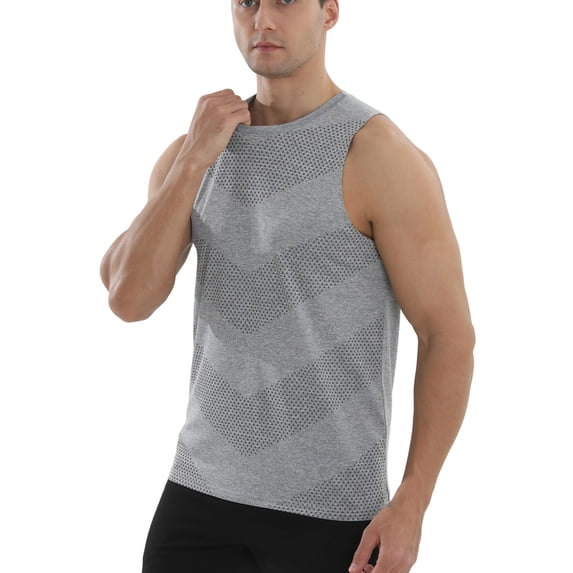 LEKWK Tank Tops for Men Running Sleeveless Crew Neck Muscle Tank Slim Fit Geometric Jacquard Breathable Workout Gym Athletic Tops Gray M
