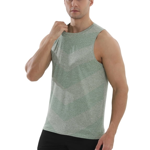 LEKWK Tank Tops for Men Running Sleeveless Crew Neck Muscle Tank Slim Fit Geometric Jacquard Breathable Workout Gym Athletic Tops Green M