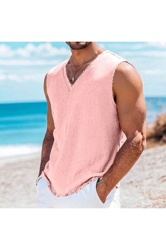 Tank Tops for Men Sleeveless Loose Fit Muscle Tank Tops Lightweight V-Neck Textured Fabric Tees Casual Beach Summer Tops Pink L