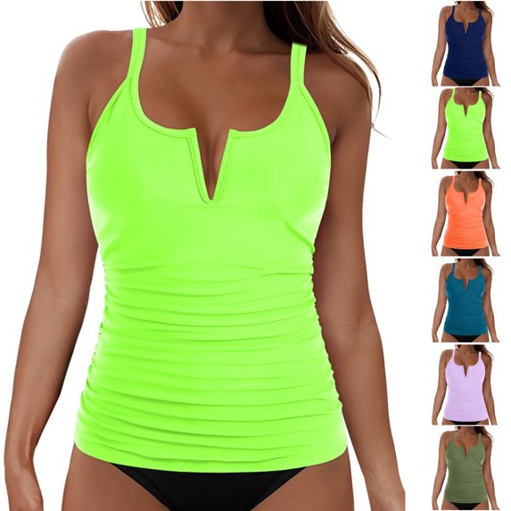 LEKWK Tankini Swimsuits for Women 2 Piece Split V Neck Ruched Top Tummy Control Bottoms Slimming Bathing Suits Summer Beach Pool Holiday Swimwear