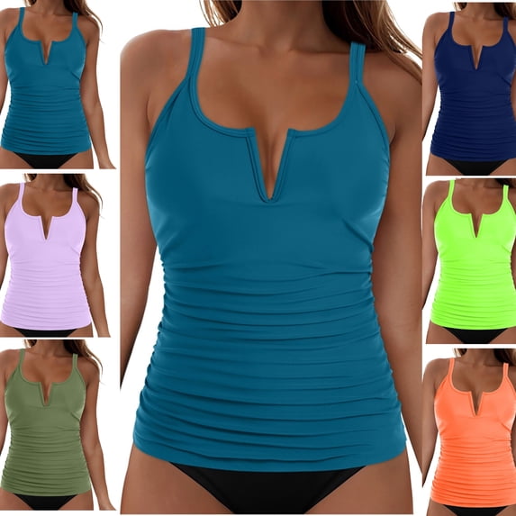 LEKWK Tankini Swimsuits for Women 2 Piece Split V Neck Ruched Top Tummy Control Bottoms Slimming Bathing Suits Summer Beach Pool Holiday Swimwear