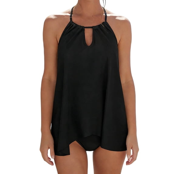LEKWK Tankini Swimsuits for Women Flowy Handkerchief Hem Halter Top Two Piece Bathing Suit Tummy Control Modest Loose Fit Beach Holiday Swimwear