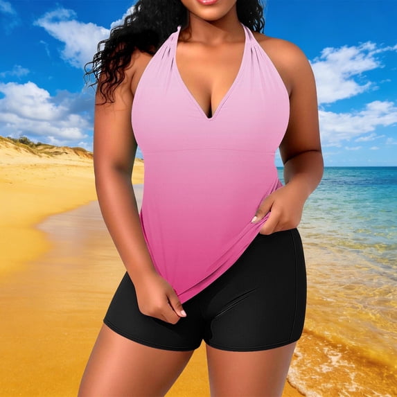 LEKWK Tankini Swimsuits for Women Gradient Halter Neck Tummy Control Soft Breathable Bathing Suits for Beach Vacation Holiday