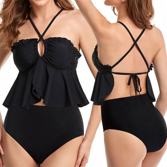 LEKWK Tankini Swimsuits for Women Tummy Control with Ruffle Trim High-Waisted Bottom Cross Back Haltered Top for Holiday Pool Party Beach Club Wear