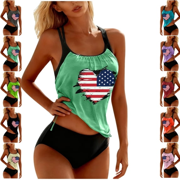 LEKWK Tankini Swimsuits for Women Two Piece Usa Flag Heart Print Loose Fit Bathing Suits Tummy Control Patriotic Summer Resort Holiday Outfits