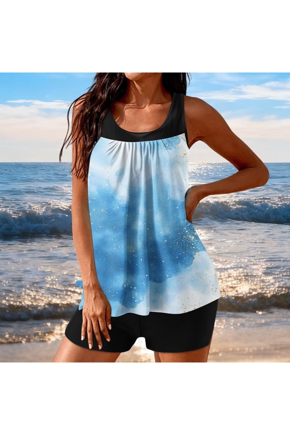 Tankini Swimsuits for Women with Shorts 2 Piece Abstract Print Blouson Top Tummy Control Bottoms Loose Fit Modest Pool Party Summer Beachwear