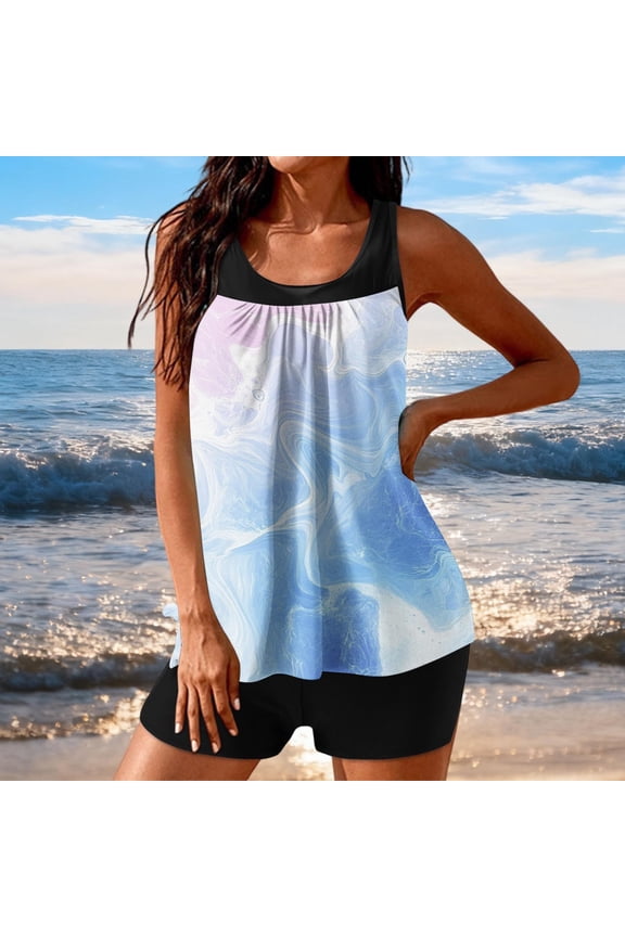 Tankini Swimsuits for Women with Shorts 2 Piece Abstract Print Blouson Top Tummy Control Bottoms Loose Fit Modest Pool Party Summer Beachwear