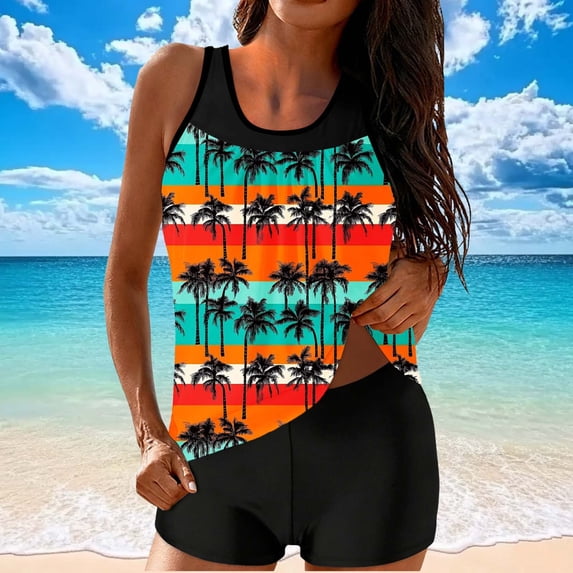 LEKWK Tankini Swimsuits for Women with Shorts Palm Tree Print Round Neck Pad Top Tummy Control Two Piece Bathing Suit Summer Beach Swimwear Outfits