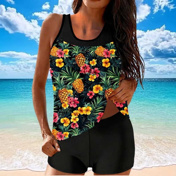 LEKWK Tankini Swimsuits for Women with Shorts Palm Tree Print Round Neck Pad Top Tummy Control Two Piece Bathing Suit Summer Beach Swimwear Outfits