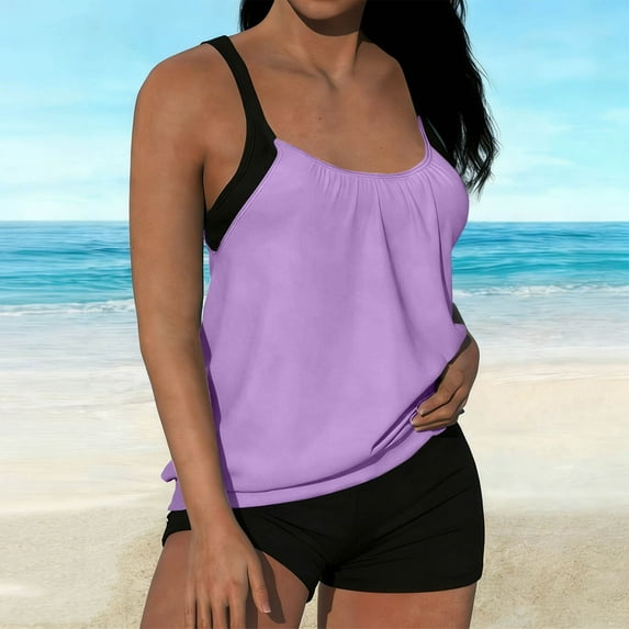 LEKWK Tankini Swimsuits for Women with Shorts Two Piece Athletic Racerback Loose Fit Bathing Suits Tummy Control Summer Swimming Beach Outfits