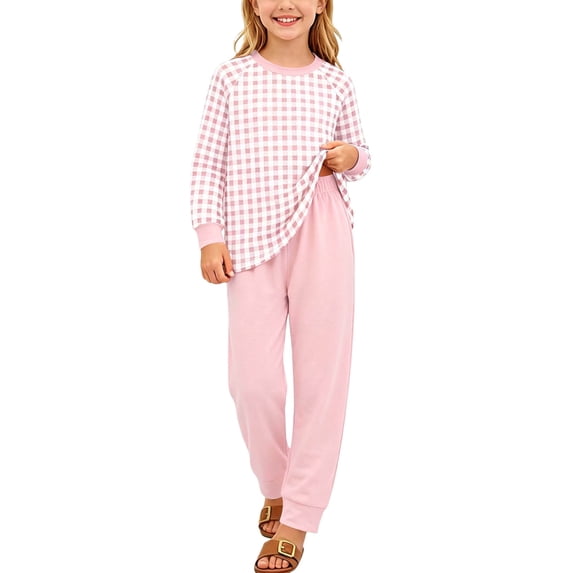 LEKWK Teen Girls 2 Piece Outfits Long Sleeve Gingham Plaid Top and Elastic Waist Jogger Pants Casual Kids Fall Pj Set Home Sleep Comfy Loungewear 1-14Y