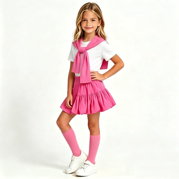 LEKWK Teen Girls Preppy Y2K 4 Piece Outfits Short Sleeve White Tee Shawl Socks and Ruffle Layer Mini Skirt Kids Back to School Party Birthday Set 3-13Y