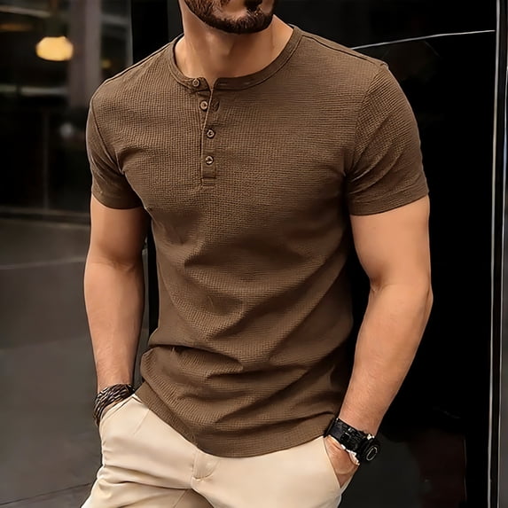 LEKWK Textured Henley Shirts for men Short Sleeve Casual Button Down T-Shirts Slim Fit Waffle Knit Tops Lightweight Summer Pullover Tees for Holiday Daily Outfit Coffee XXL