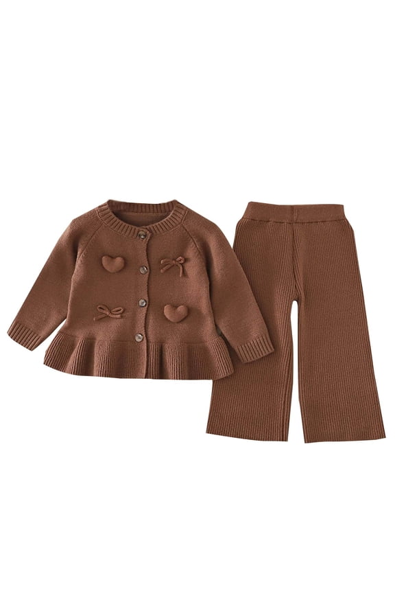 Toddler Girls 2-Piece Pant Set Heart Pattern Ruffle Hem Knit Cardigan Ribbed Wide Leg Pants Soft Breathable Daily Casual Playwear Outfits Set