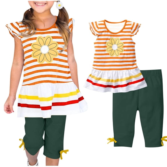 LEKWK Toddler Girls Back to School Outfits Striped Ruffle Cap Sleeve Daisy Graphic Flowy Hem T-Shirts and Capri Pants Kids Cute Summer Preppy Casual Wear 1-10Y