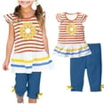 thumbnail image 1 of LEKWK Toddler Girls Back to School Outfits Striped Ruffle Cap Sleeve Daisy Graphic Flowy Hem T-Shirts and Capri Pants Kids Cute Summer Preppy Casual Wear 1-10Y, 1 of 7